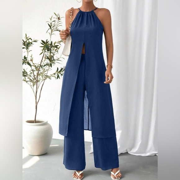 Shein Essnce Womens 2 Piece Split Hem Halter Top & Wide Leg Pants Size L Blue - Picture 2 of 16